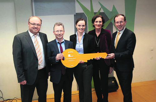 Bürgermeister Elmar Rhomberg, Dir. Michael Schelling, BM Sonja Hammerschmid, LR Bernadette Mennel, und BIG-GF Wolfgang Gleissner.