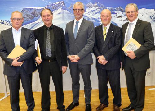 StR Rainer Keckeis, Obmann Albert Ruetz, NR Harald Walser, GF Gerhard Wanner, LT-Präsident Harald Sonderegger.  Foto: koe