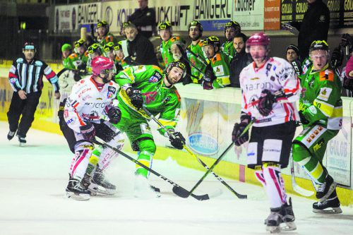 EHC-Verteidiger Daniel Stefan und Stürmer Martins Cipulis (r.) beschäftigten das Jesenice-Team, die Slowenen gewannen aber in der Rheinhalle das Spiel und die Play-off-Serie.  Foto: sams