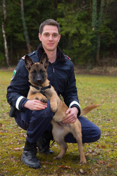 Ein Team für alle Fälle: Polizist Manuel Schmid und Diensthund Karl Oskar. Foto: VN/Hofmeister