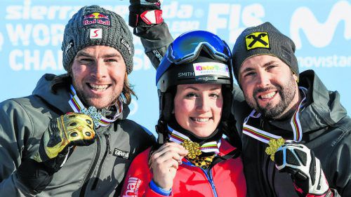 Einmal Silber und zweimal Gold im Parallel-Slalom bei der WM: Benjamin Karl, Daniela Ulbing und Andreas Prommegger. Foto: Lerch