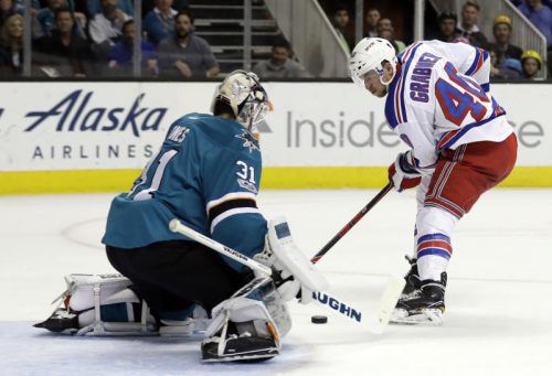 Rangers-Stürmer Michael Grabner wird von San-Jose-Torhüter Martin Jones gestoppt.  Foto: ap