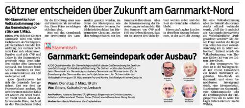 VN-Bericht vom 4. 3. 2017: „Götzner entscheiden über Zukunft am Garnmarkt-Nord“.