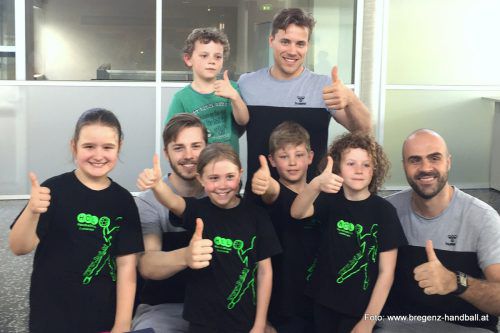 Die Bregenzer Handballer Lukas Frühstück, Goran Aleksic und Nico Schnabl beim HC Lustenau.