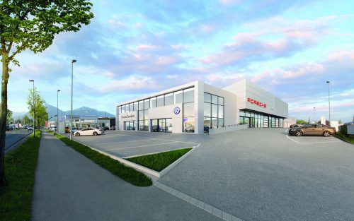 Läuft alles wie geplant, wird das Autohaus Porsche Dornbirn bis Dezember fertiggestellt. Rendering: PD