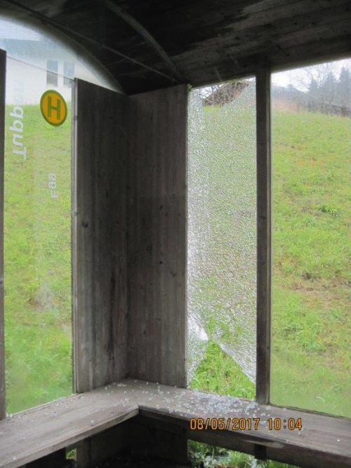 Die eingeschlagene Scheibe der Haltestelle. Foto: Polizei