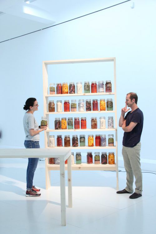 Die Kuratoren Melanie Büchel und Eugen Fulterer mit einer Installation von Milena und Frank Broger aus Vorarlberg. Foto: AG