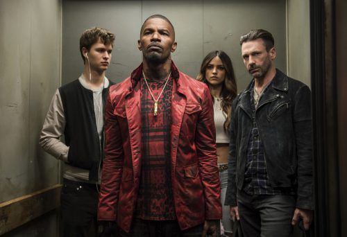 Ansel Elgort, Jamie Foxx, Eiza Gonzalez und Jon Hamm in „Baby Driver“.  Foto: ap