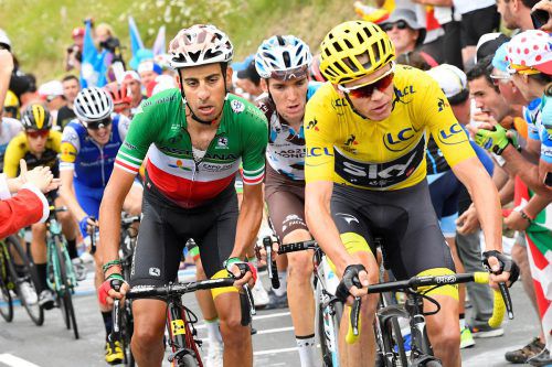 Der Italiener Fabio Aru (l.) schnappte sich in den Pyrenäen das gelbe Trikot von Chris Froome (r.). Foto: reuters