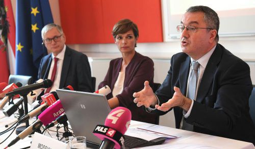Wissenschaftler Mossialos (rechts) und die SPÖ-Minister Rendi-Wagner und Stöger bei der Präsentation. APA