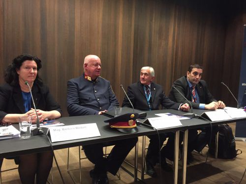 Stellten ihren Verein vor (v. l.): Polizeiseelsorgerin Barbara Wedam, Herbert Rosinger, Manfred Haag und Felix Ceccvato (alle christliche Polizeivereinigung). VN/SOHM