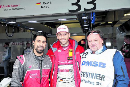 Vorarlberger in Spielberg unter sich: Mechaniker Michael Greuz, Pilot René Rast und Kommissar Manfred Schnedl.  noger