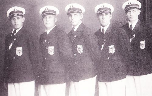 Adolf Scheffknecht (v.l.), Alfred Hämmerle, Ernst Künz, Rudolf Huber, Pius Hollenstein. Gemeindearchiv