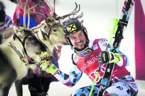 Vor einem Jahr gewann Marcel Hirscher in Levi 1,30 Sekunden vor Mario Matt. Als Belohnung für den Sieg gab es Rentier Leo. apa