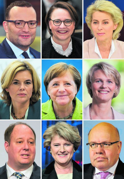 Die künftigen CDU-Mitglieder der möglichen neuen Regierung: Obere Reihe, v.l.: Spahn, Widmann-Mauz und Von der Leyen; Mitte, v.l.: Klöckner, Merkel und Karliczek; Unten, v.l.: Braun, Grütters und Altmeier. dpa, bundestag.de