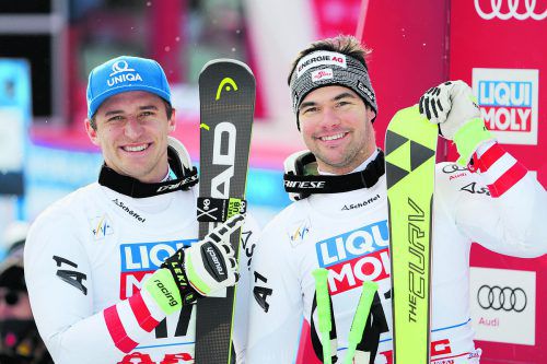 Der Ex-aequo-Erfolg im Finale von Aare durch Matthias Mayer (l.) und Vincent Kriechmayr ist Balsam auf den Abfahrerwunden. gepa