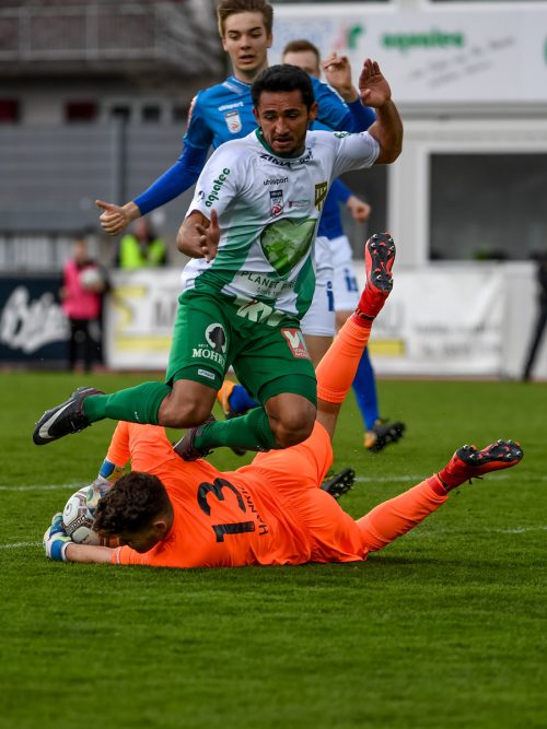 Goldtorschütze Ronivaldo hat das Dutzend voll gemacht. In dieser Szene aber scheitert der Austria-Torjäger an BW-Torhüter Hidajet Hankic gepa