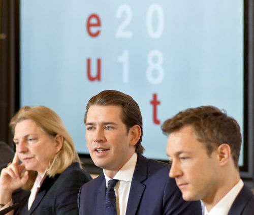 Kanzler Sebastian Kurz präsentierte gemeinsam mit Außenministerin Karin Kneissl und EU-Minister Gernot Blümel seine Pläne für den EU-Ratsvorsitz. RTS