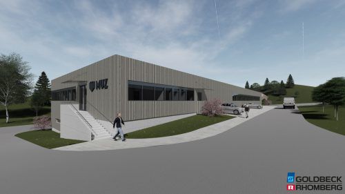 So wird der neue Stammsitz der MUZ GmbH in Hittisau aussehen. GR-Rendering