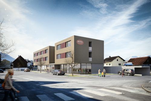 Direkt an der Hauptstraße in Sulz ist der Bau eines Motels sowie einer Bäckerei geplant. Der Baubeginn könnte noch im Mai erfolgen.  VN