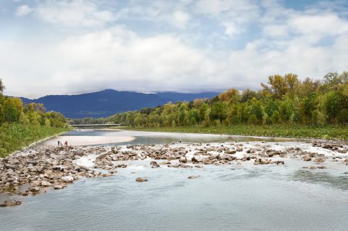 Gewässerentwicklungsprojekt: Die Bregenzerach nach der Umsetzung des Hochwasserschutzes (Planbild). Land vorarlberg