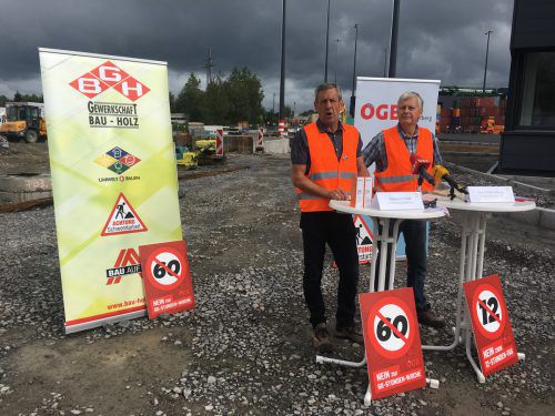 Die Baugewerkschafter Gerhard Flatz (l.) und Gerd Oprießnig am Güterbahnhof Wolfurt: „Arbeit darf nicht krank machen.“ Sca