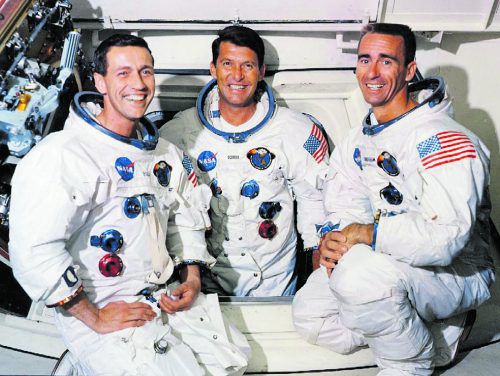 Die Crew von Apollo 7: Donn Eisele, Walter Schirra, Walter Cunningham. NASA