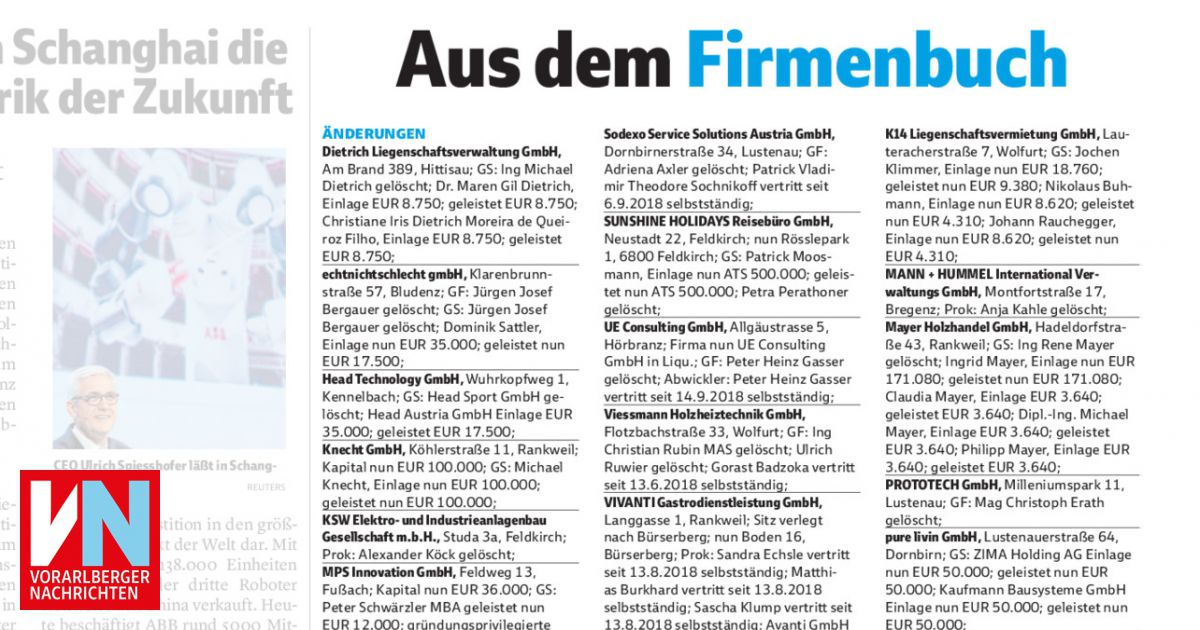 Aus dem Firmenbuch Vorarlberger Nachrichten VN.AT