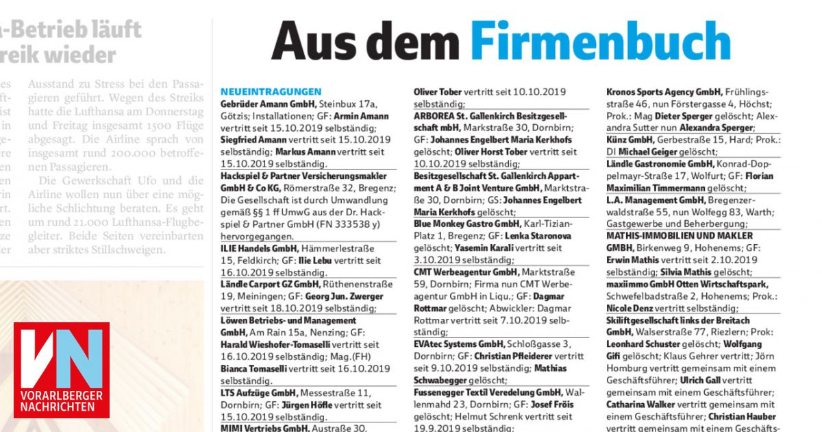 Aus dem Firmenbuch Vorarlberger Nachrichten VN.AT