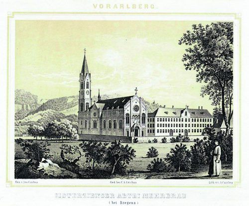 Ansicht von Kirche und Kloster Mehrerau um 1859/60, Lithographie aus einem Mappenwerk des Verlags Czichna. Vorarlberger Privatbesitz