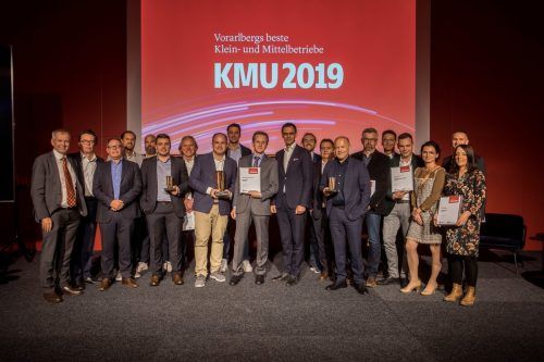 Die Gewinner der KMU-Preise 2019. Wer sich noch bis einschließlich Montag anmeldet, hat große Chancen auf einen Platz auf der Bühne.  VN/Paulitsch