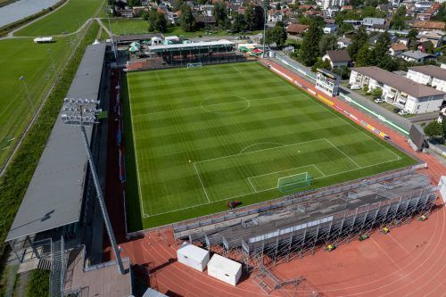 LUSTENAU,AUSTRIA,06.AUG.21 - SOCCER - ADMIRAL 2. Liga, SC Austria Lustenau vs FC Liefering. Image shows the Reichshofstadion in Lustenau. Keywords: drone photography. Photo: GEPA pictures/ Oliver Lerch