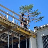 Volksschule Meiningen mit Firstbaum geschmückt