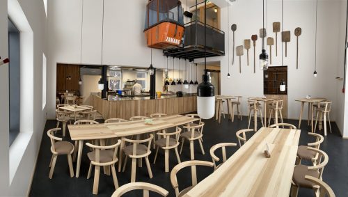 Der neu entstandene Gastrobereich im Erdgeschoss besticht durch seine vielfältigen Sitzgelegenheiten. VN/JS