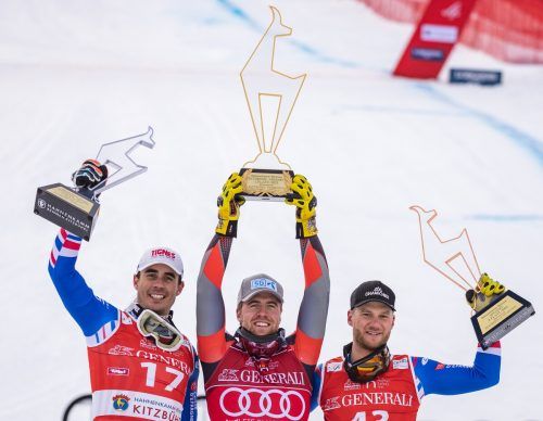 Neben Sieger Aleksander Aamodt Kilde machten sich mit Johan Clarey (l.) und Blaise Giezendanner zwei Überraschungsgäste auf dem Podium der ersten Abfahrt in Kitzbühel breit. apa