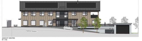 Das Gebäude in der Seitenansicht mit Tiefgaragenzufahrt. Planungsbüro Manuel Müller