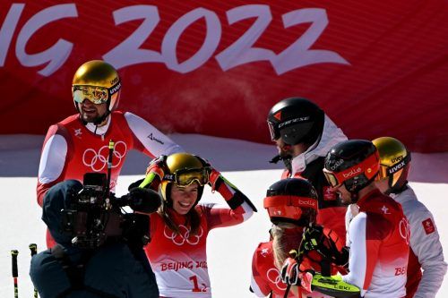 Für Katharina Liensberger verlief die vergangene Skisaison nicht immer einfach, umso größer war die Freude über ihr zweites olympisches Edelmetall im Teambewerb. AFP