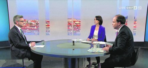 Bei der "Pressestunde" stellte sich Finanzminister Brunner den Fragen von VN-Chefredakteur Gerold Riedmann und ZiB-Wirtschaftsleiterin Barbara Battisti (ORF).