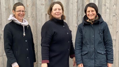 Gabi Hampson (v.l.), Michaela Müller und Andrea Hollenstein suchen Kleinbusse, um Menschen in der Ukraine zu evakuieren. bvs