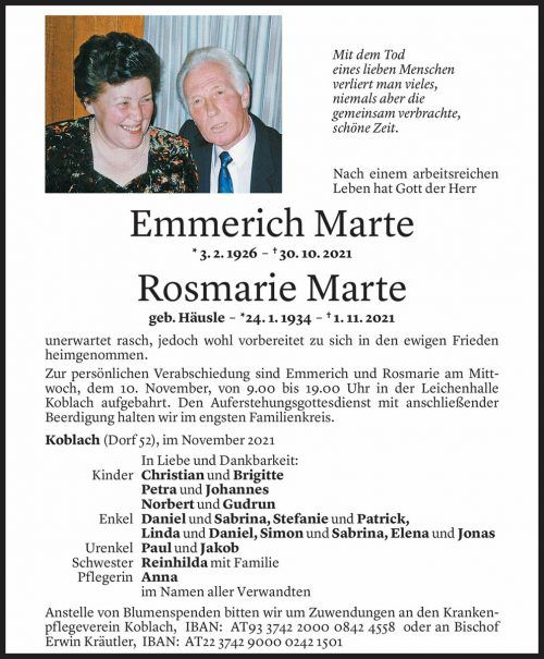 Rosmarie und Emmerich starben kurz hintereinander. Zu Lebzeiten waren sie eng verbunden.