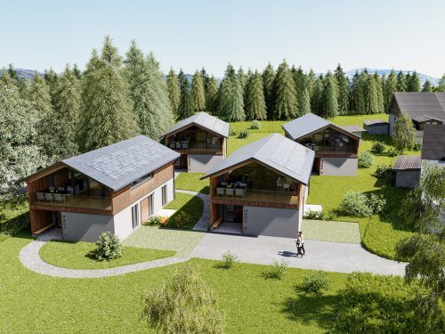 Visualisierung der in Bau befindlichen Ferienhäuser der Anlage am Pfänder. pfänderglück