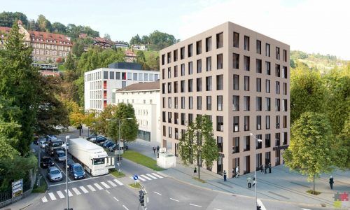Es ist das erste „office ZERO“- Gebäude mit Wärmepumpe (Erdsonden) und Photovoltaikanlage auf dem Dach.  Visualisierung/Rhomberg Gruppe