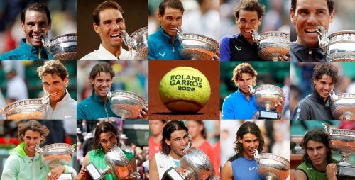 Rafael Nadal im Wandel der Zeit: Die Siegerbilder nach den Erfolgen bei den French Open in Paris in chronlogischer Reihenfolge von 2022 (links oben), 2020, 2019, 2018, 2017, 2014, 2013, 2012, 2011, 2010, 2008, 2007, 2006 und 2005 (rechts unten). Reuters