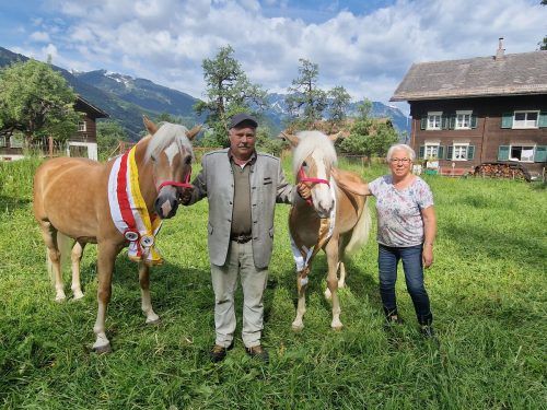 Züchter Alfred Maier mit Miss Silvi und ihrer Prämien-Schleife. Auch die Haflingerstute Sorina (hier mit Erika Maier) bekommt eine Schleife. Est
