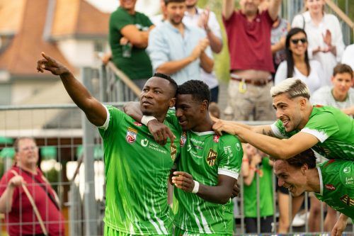 Michael Cheukoua, Bryan Silva Teixeira und Tobias Berger bejubeln den zweiten Heimsieg. gepa/3