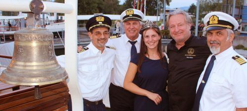 Florian Pausch, Fritz Köchle, Weinprinzessin Vera Klingenmeier, Heino Huber und Robert Kössler beim Weinfestival auf dem See.  STP/4