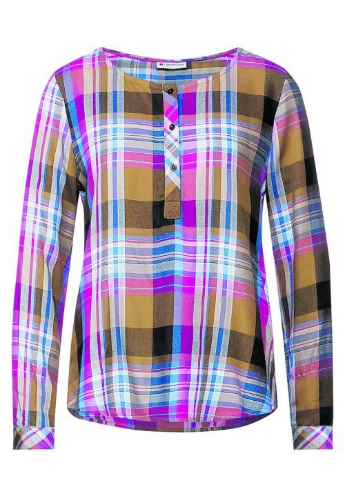 Kragenlose Damenbluse mit halber Knopfleiste von Street One. 49,99 €.