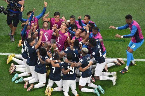 Ecuadors Spieler jubeln mit Torschützen Enner Valencia über den 1:1-Ausgleich gegen die Niederlande. APa