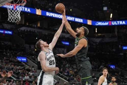 Jakob Pöltl (l.) stoppt Minnesotas Rudy Gobert. ap