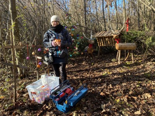Jolanda Gasperi achtet darauf, dass die Christbaumkugeln farblich zusammenpassen. VN/JUN